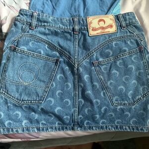 Marine Serre Blue Denim Mini Skirt with Crescent Pattern